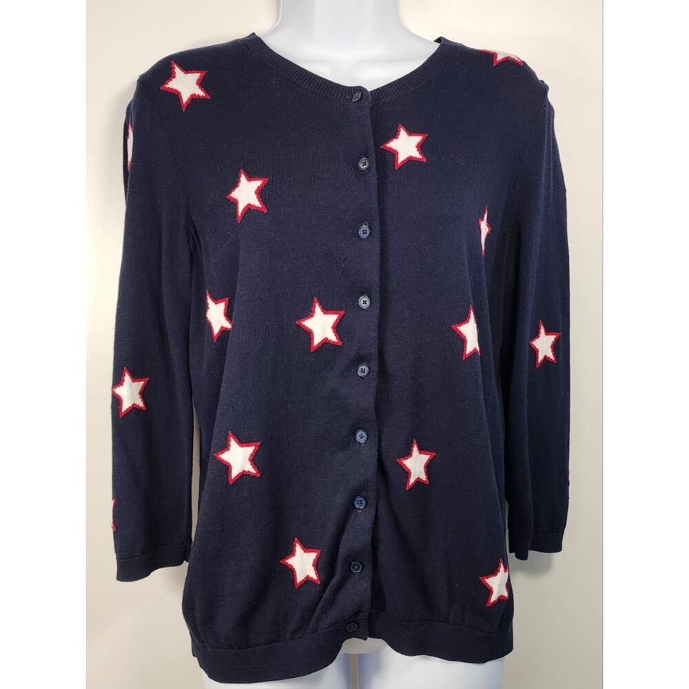 Talbots Star Print Cardigan Navyโ Red White Preppy Americana M